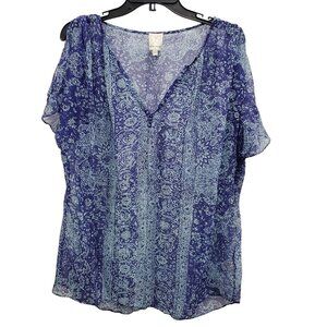 Ella Moss Women's Blue Aqua Paisley‎ Silk Split Hem Lightweight Sheer Top Size M